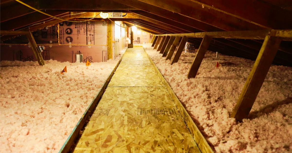 Rigid foam panels installed along attic walls and ceilings for high R-value insulation